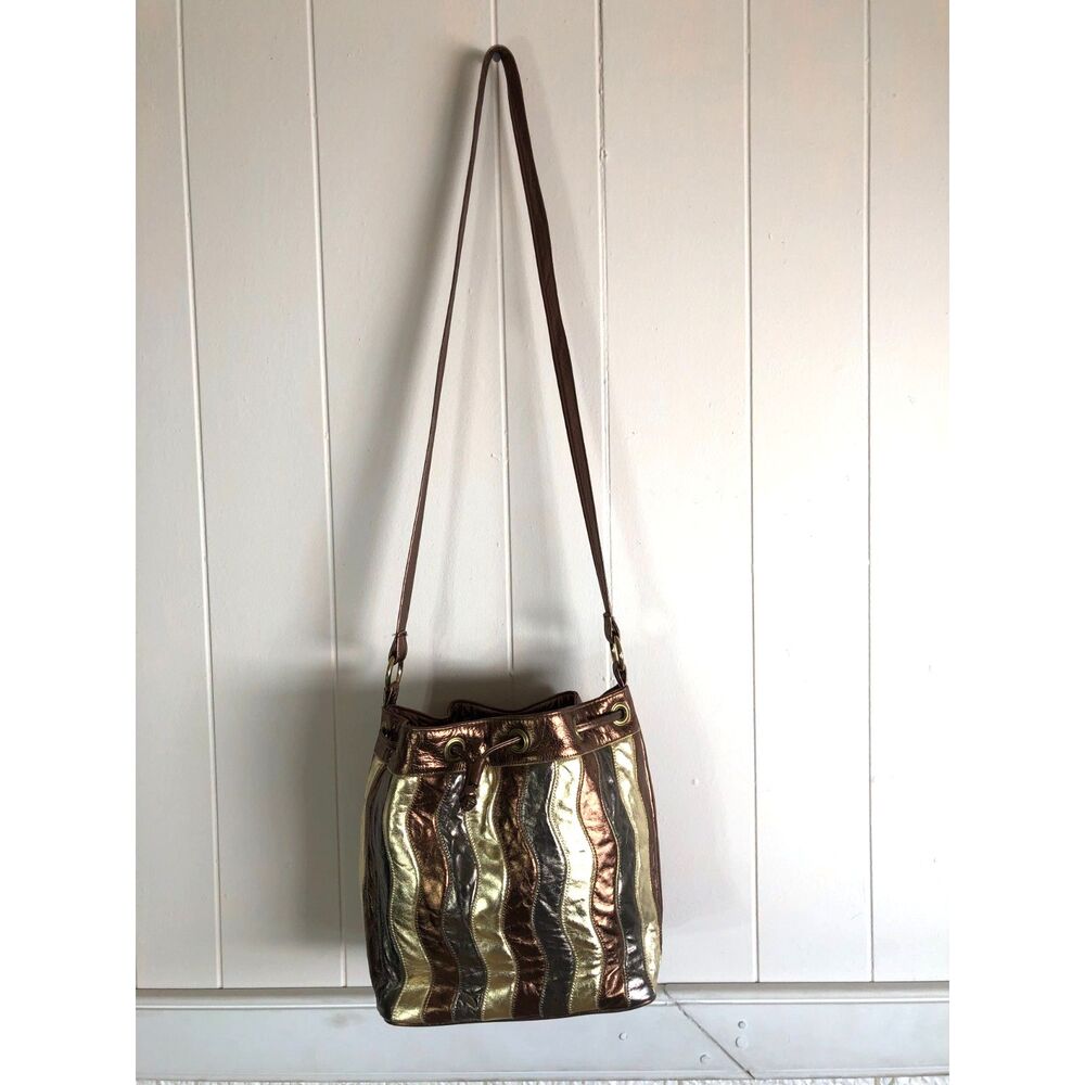 Vtg 90s Metallic Leather Patchwork Bucket Bag Tri Color Gold Bronze USA Grunge M